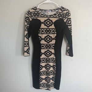 Chic Geometric Long Sleeve Dress in Black and Tan